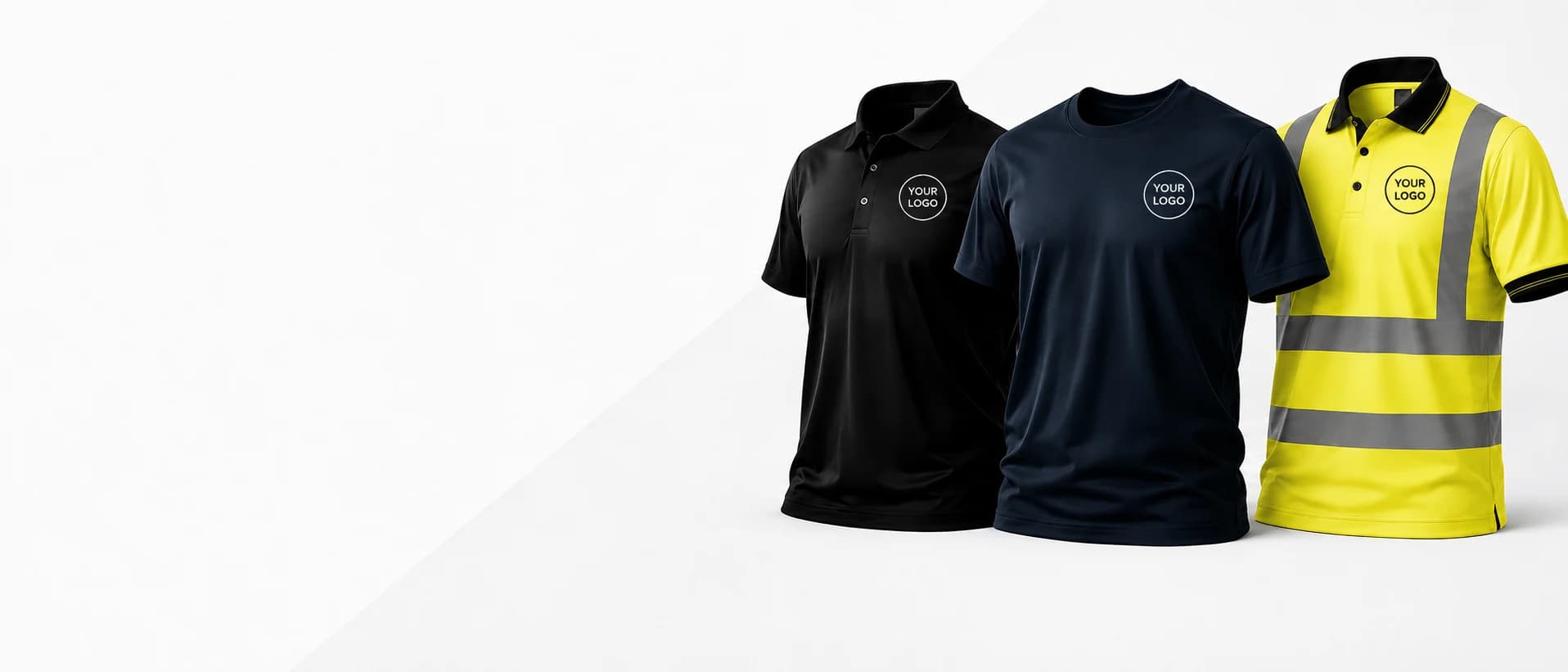 Black polo, navy t-shirt and hi-vis polo with your company logo — custom branded workwear printing in Woking